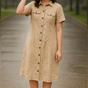 Classic Tan Button-Down 100% LIinen Shirt Dress